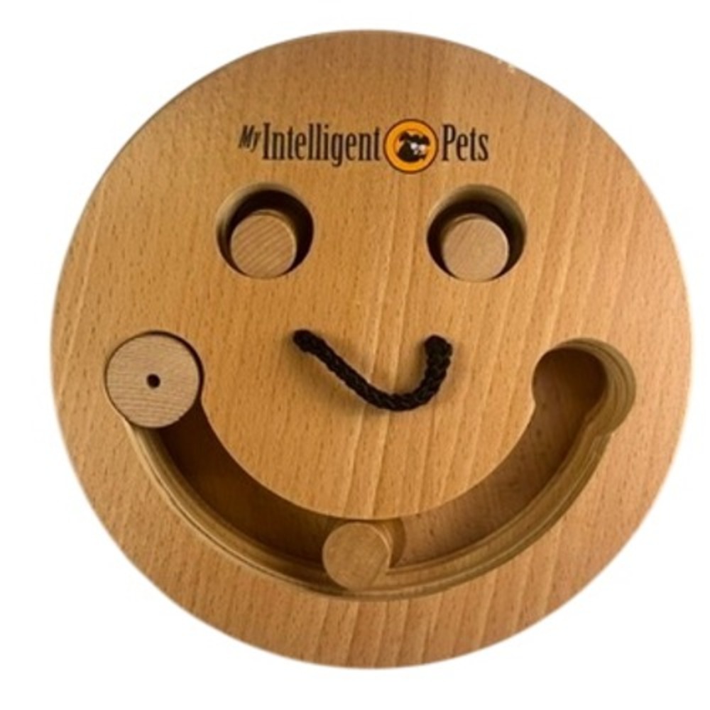 My Intelligent Pets Wooden Interactive Dog Puzzle Toy‎ Smiley Face Treat Game